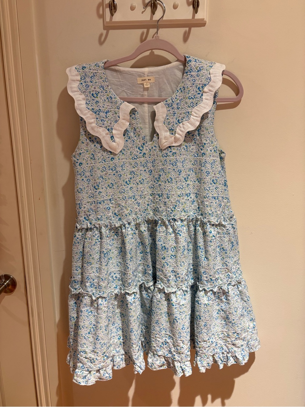 Just Me Light Blue Floral Ruffle Collar Tiered Dress
